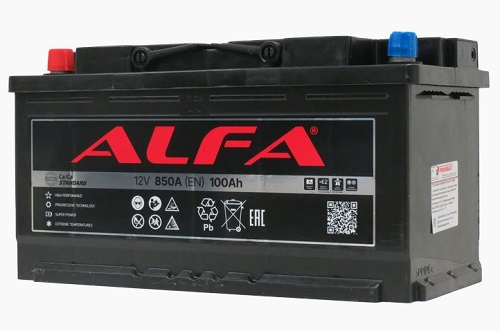 Аккумулятор ALFA, 12 В, 100 А/ч, 900 А, артикул 6CT-100L