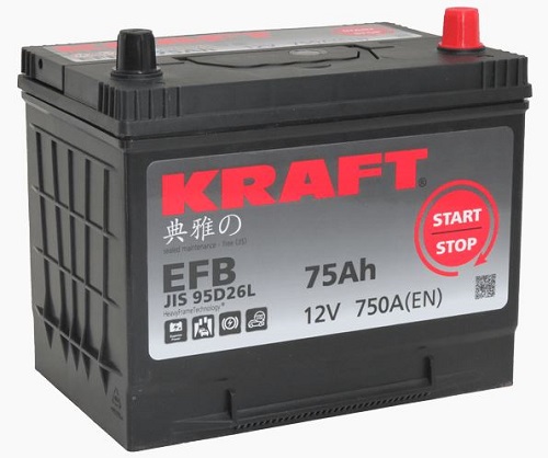 Аккумулятор KRAFT, 12 В, 75 А/ч, 800 А, артикул EFB-D26